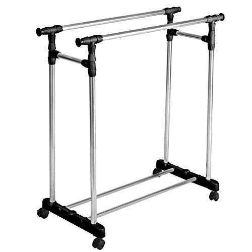 Double Pole Porta ble Clothes Ga rment Ra ck Ha nger Extenda ble Rolling