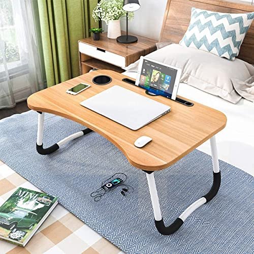 BUNCA Portable Laptop Table for Bed and Sofa – Multifunctional Foldable Computer Desk with Phone Holder and Cups, Wooden Top 60x40cm (Beige)