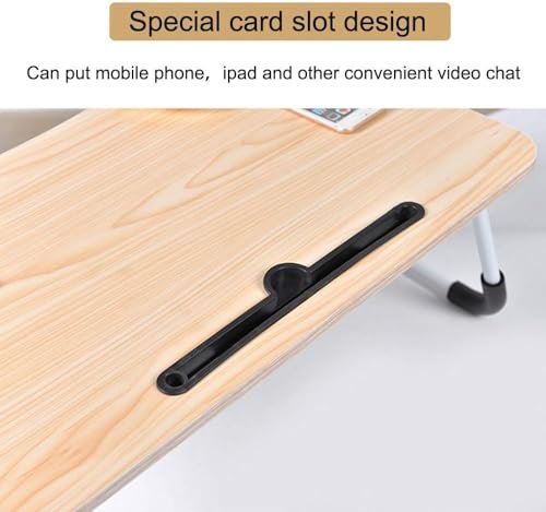 BUNCA Portable Laptop Table for Bed and Sofa – Multifunctional Foldable Computer Desk with Phone Holder and Cups, Wooden Top 60x40cm (Beige)