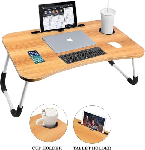 BUNCA Portable Laptop Table for Bed and Sofa – Multifunctional Foldable Computer Desk with Phone Holder and Cups, Wooden Top 60x40cm (Beige)