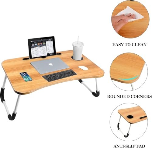 BUNCA Portable Laptop Table for Bed and Sofa – Multifunctional Foldable Computer Desk with Phone Holder and Cups, Wooden Top 60x40cm (Beige)