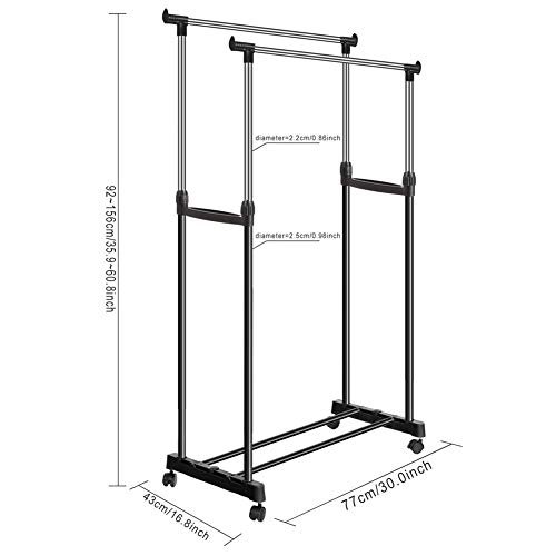 Stainless Steel Pole Clothes Hanger - Adjustable Bars Clothes Rack Double-Pole Clothes Rack Hanger Garment Rack with Rolling wheels
