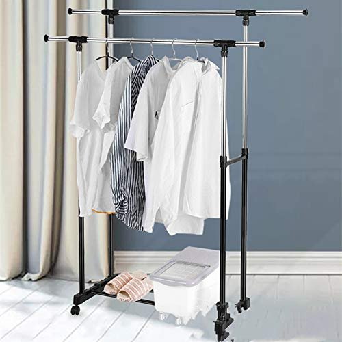 Stainless Steel Pole Clothes Hanger - Adjustable Bars Clothes Rack Double-Pole Clothes Rack Hanger Garment Rack with Rolling wheels