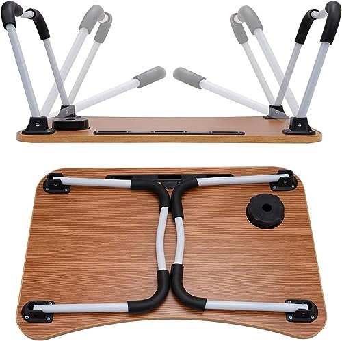 BUNCA Portable Laptop Table for Bed and Sofa – Multifunctional Foldable Computer Desk with Phone Holder and Cups, Wooden Top 60x40cm (Brown)