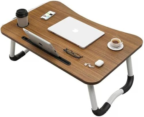 BUNCA Portable Laptop Table for Bed and Sofa – Multifunctional Foldable Computer Desk with Phone Holder and Cups, Wooden Top 60x40cm (Brown)