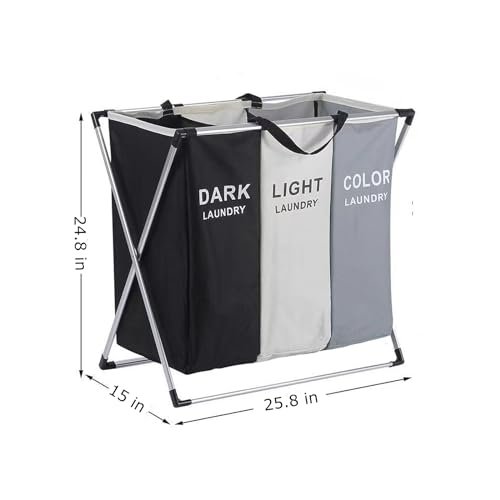 foreorchid Large 3 Section Laundry Basket,180L Freestanding Laundry Hamper,Collapsible Tall Clothes Hamper with Handles for Clothes Toys in the Dorm & Family Closet Storage and Organizer