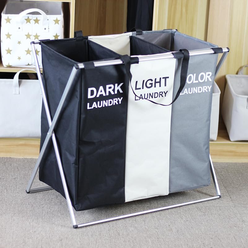 foreorchid Large 3 Section Laundry Basket,180L Freestanding Laundry Hamper,Collapsible Tall Clothes Hamper with Handles for Clothes Toys in the Dorm & Family Closet Storage and Organizer