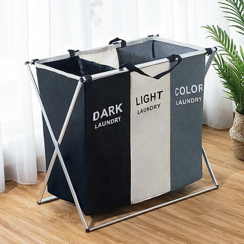 foreorchid Large 3 Section Laundry Basket,180L Freestanding Laundry Hamper,Collapsible Tall Clothes Hamper with Handles for Clothes Toys in the Dorm & Family Closet Storage and Organizer