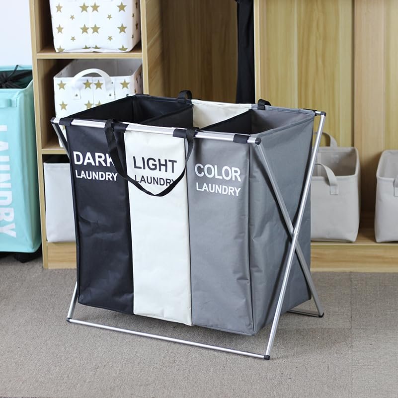 foreorchid Large 3 Section Laundry Basket,180L Freestanding Laundry Hamper,Collapsible Tall Clothes Hamper with Handles for Clothes Toys in the Dorm & Family Closet Storage and Organizer