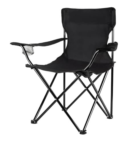 Folding Metal Camping Chair with Bag and Cup Holder 120kg (Black)