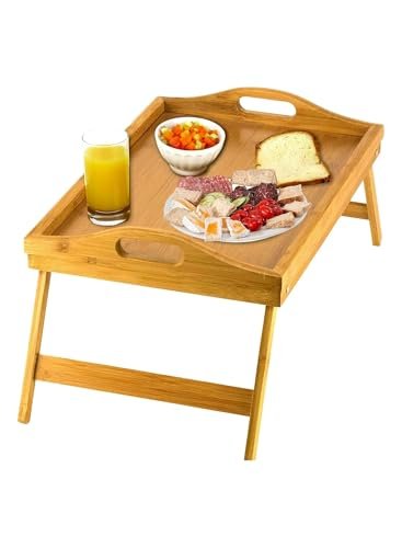 BUNCA Bamboo Bed Tray with Foldable Legs for Breakfast with Carry Handles