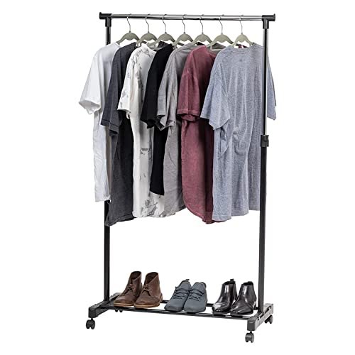 SHOWAY Clothes Rack Clothes Hanger Stand, Height Adjustable Garment, Clothing Rack, Hanger, Single Rod With Wheels, Black Single Rod With Wheels, Cd-1202-08