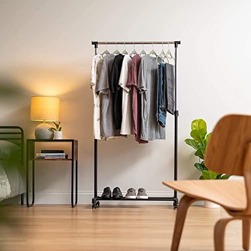 SHOWAY Clothes Rack Clothes Hanger Stand, Height Adjustable Garment, Clothing Rack, Hanger, Single Rod With Wheels, Black Single Rod With Wheels, Cd-1202-08