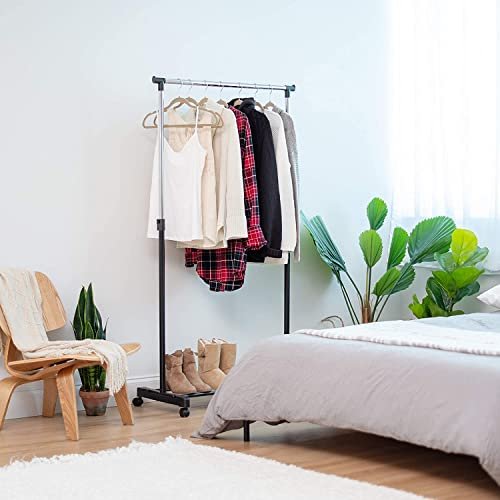 SHOWAY Clothes Rack Clothes Hanger Stand, Height Adjustable Garment, Clothing Rack, Hanger, Single Rod With Wheels, Black Single Rod With Wheels, Cd-1202-08