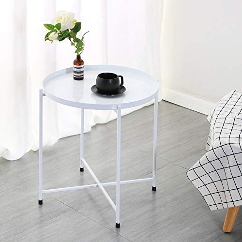 TIITA Tray Side Table Round White Nightstand Modern Home Decor Coffee Tea Metal End Table for Living Room Bedroom and Balcony