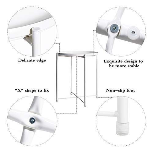 TIITA Tray Side Table Round White Nightstand Modern Home Decor Coffee Tea Metal End Table for Living Room Bedroom and Balcony