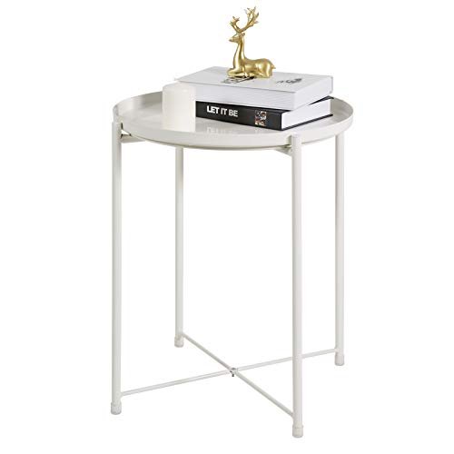 TIITA Tray Side Table Round White Nightstand Modern Home Decor Coffee Tea Metal End Table for Living Room Bedroom and Balcony