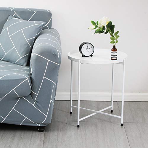 TIITA Tray Side Table Round White Nightstand Modern Home Decor Coffee Tea Metal End Table for Living Room Bedroom and Balcony