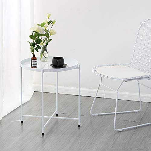 TIITA Tray Side Table Round White Nightstand Modern Home Decor Coffee Tea Metal End Table for Living Room Bedroom and Balcony