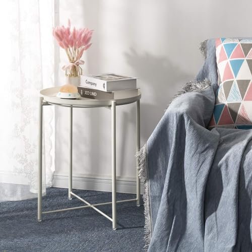 danpinera End Table, Metal Side Table Small Outdoor Table Round Side Table with Removable Tray for Living Room Bedroom Balcony Patio and Office - Gifts for Women(White)