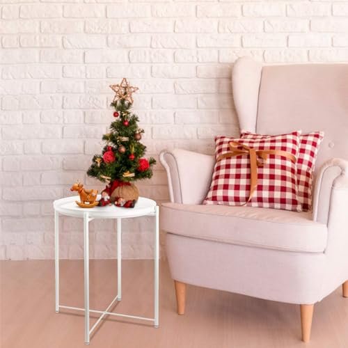 danpinera End Table, Metal Side Table Small Outdoor Table Round Side Table with Removable Tray for Living Room Bedroom Balcony Patio and Office - Gifts for Women(White)