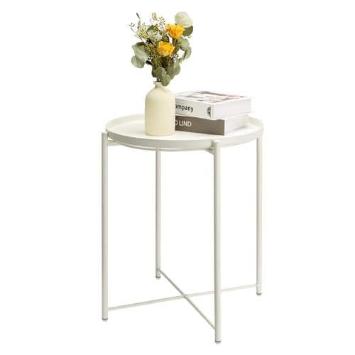 danpinera End Table, Metal Side Table Small Outdoor Table Round Side Table with Removable Tray for Living Room Bedroom Balcony Patio and Office - Gifts for Women(White)