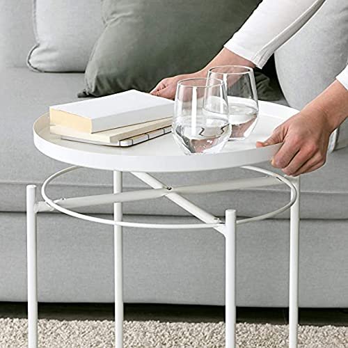QA Coffee Round Table, Metal End Table With Detachable Tray Top, Sofa Side Snack Table, Accent Table (White)
