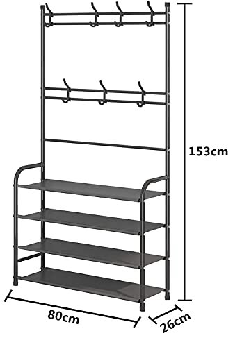 SHOWAY Coat Rack Shoe Rack, Storage Shelf With 4-Tier Shoe Organize,Clothes Rack With 8 Hooks Hanging, Entryway Hall Trees Hanging And Storage(Black), 30621Nu-P