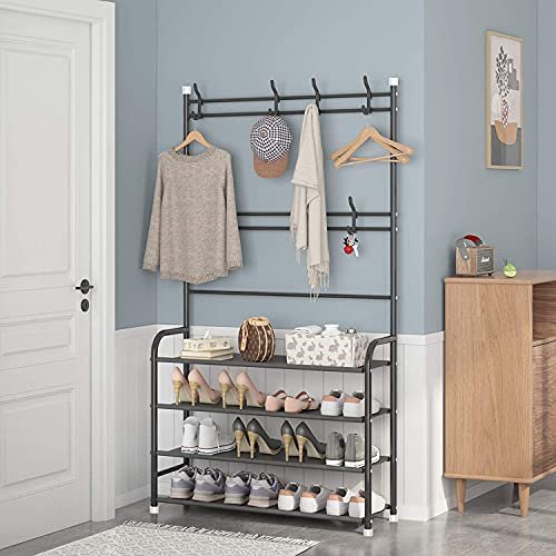 SHOWAY Coat Rack Shoe Rack, Storage Shelf With 4-Tier Shoe Organize,Clothes Rack With 8 Hooks Hanging, Entryway Hall Trees Hanging And Storage(Black), 30621Nu-P