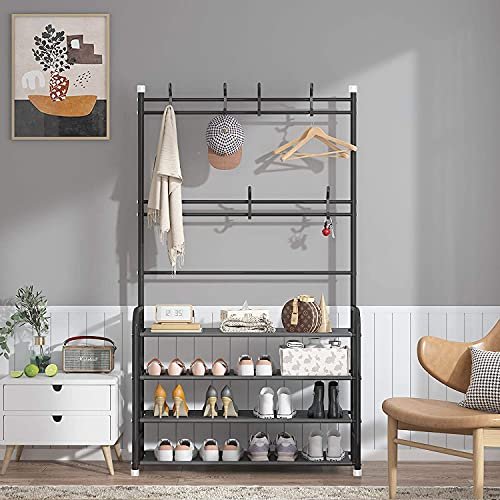 SHOWAY Coat Rack Shoe Rack, Storage Shelf With 4-Tier Shoe Organize,Clothes Rack With 8 Hooks Hanging, Entryway Hall Trees Hanging And Storage(Black), 30621Nu-P