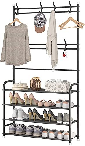 SHOWAY Coat Rack Shoe Rack, Storage Shelf With 4-Tier Shoe Organize,Clothes Rack With 8 Hooks Hanging, Entryway Hall Trees Hanging And Storage(Black), 30621Nu-P