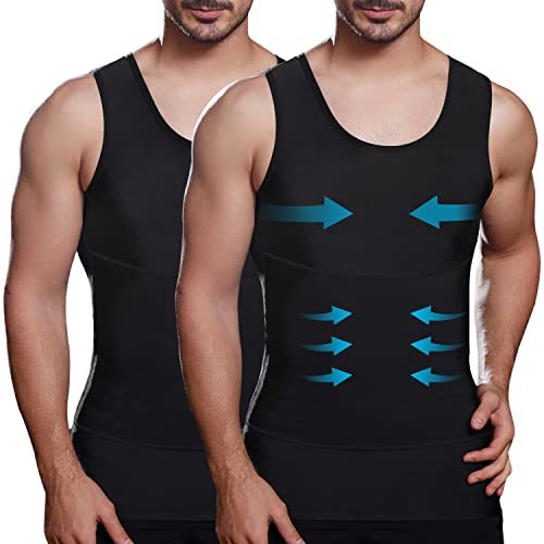Lgtfy Mens Slimming Body Shaper Vest, Gynecomastia Compression Shirts, Tummy Control Undershirts - Change in Seconds, 2 Pack Black, 3XL
