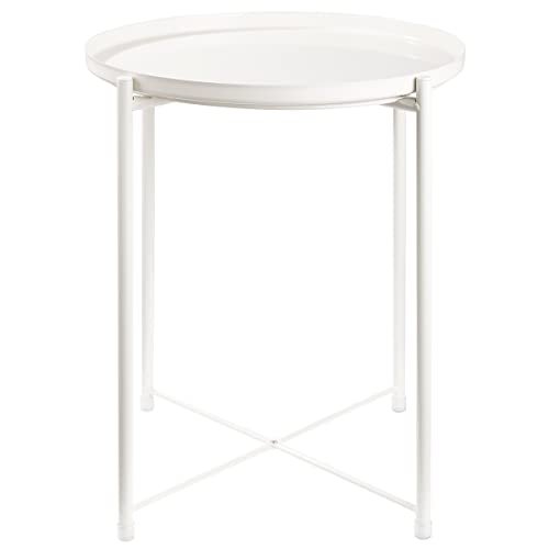 danpinera CERBIOR Tray End Table, Round Metal Tray Table Side Sofa Table Anti-Rust and Waterproof Outdoor & Indoor Snack Table Accent Coffee Table, Milky White