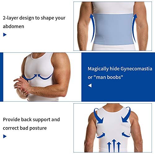 GSKS Mens Body Shaper Compression Tank Top Slimming Shapewear Abdomen Undershirt, Style A-white, L