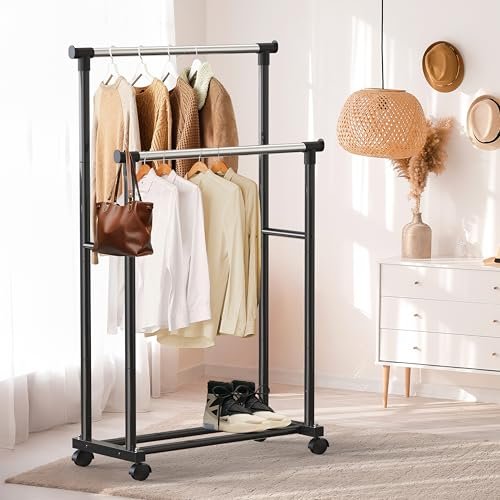 Simple Houseware Double Rod Portable Clothing Hanging Garment Rack