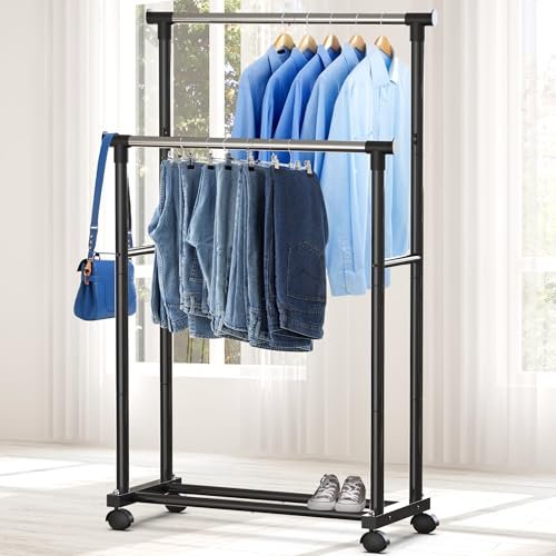Simple Houseware Double Rod Portable Clothing Hanging Garment Rack