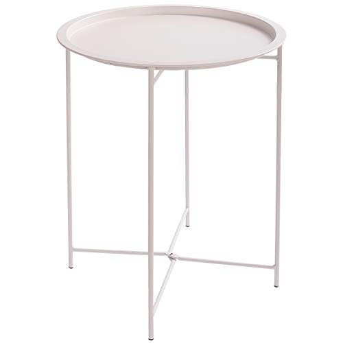 HollyHOME Folding Tray Metal Side Table, Sofa Table Small Round End Tables, Anti-Rust and Waterproof Outdoor or Indoor Snack Table, Accent Coffee Table,（H） 20.28" x（D） 18.11", Frosted White
