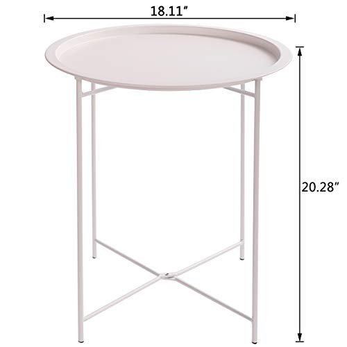 HollyHOME Folding Tray Metal Side Table, Sofa Table Small Round End Tables, Anti-Rust and Waterproof Outdoor or Indoor Snack Table, Accent Coffee Table,（H） 20.28" x（D） 18.11", Frosted White
