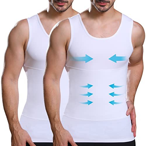 Lgtfy Mens Slimming Body Shaper Vest, Gynecomastia Compression Shirts, Tummy Control Undershirts - Change in Seconds, 2 Pack White, XL