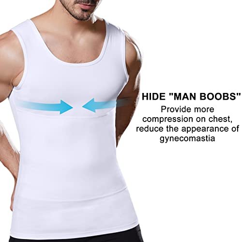 Lgtfy Mens Slimming Body Shaper Vest, Gynecomastia Compression Shirts, Tummy Control Undershirts - Change in Seconds, 2 Pack White, XL
