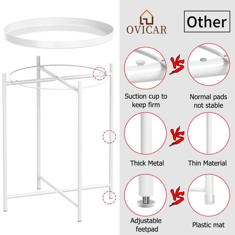 OVICAR Metal Tray End Table, Round Accent Coffee Table, Anti-Rust and Waterproof Outdoor Indoor Modern Sofa Side Table for Living Room Bedroom Balcony (White)