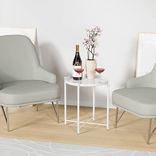 OVICAR Metal Tray End Table, Round Accent Coffee Table, Anti-Rust and Waterproof Outdoor Indoor Modern Sofa Side Table for Living Room Bedroom Balcony (White)