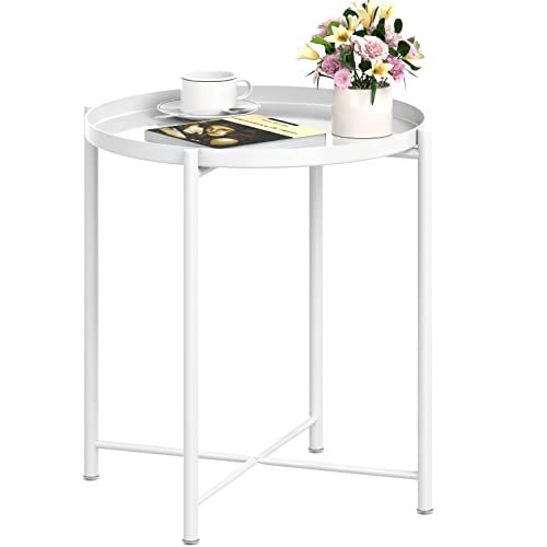 OVICAR Metal Tray End Table, Round Accent Coffee Table, Anti-Rust and Waterproof Outdoor Indoor Modern Sofa Side Table for Living Room Bedroom Balcony (White)