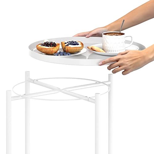 OVICAR Metal Tray End Table, Round Accent Coffee Table, Anti-Rust and Waterproof Outdoor Indoor Modern Sofa Side Table for Living Room Bedroom Balcony (White)