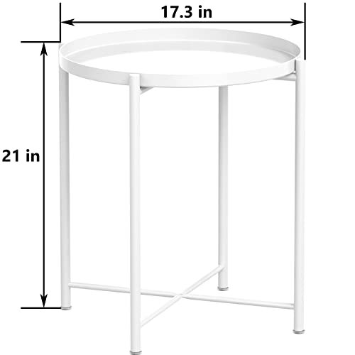 OVICAR Metal Tray End Table, Round Accent Coffee Table, Anti-Rust and Waterproof Outdoor Indoor Modern Sofa Side Table for Living Room Bedroom Balcony (White)