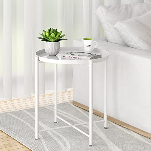 OVICAR Metal Tray End Table, Round Accent Coffee Table, Anti-Rust and Waterproof Outdoor Indoor Modern Sofa Side Table for Living Room Bedroom Balcony (White)