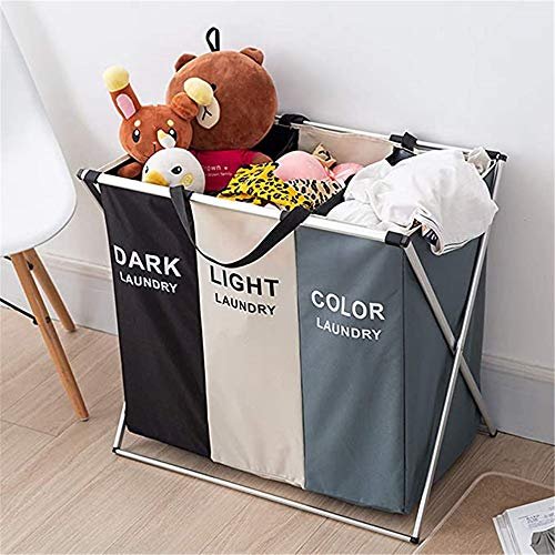 SHOWAY Laundry Basket Foldable Laundry Hamper Dirty Clothes Sorter Washing Clothes Storage Bag with Waterproof Oxford Bags and Aluminum Frame (Black/Beige/Grey)