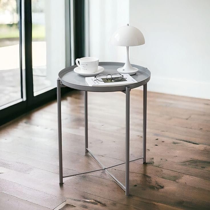 Versatile Round Metal Side Table with Removable Tray – Rust and Water Resistant, Indoor & Outdoor Use – by BUNCA (Grey)