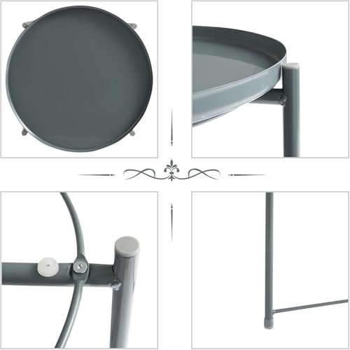 Versatile Round Metal Side Table with Removable Tray – Rust and Water Resistant, Indoor & Outdoor Use – by BUNCA (Grey)