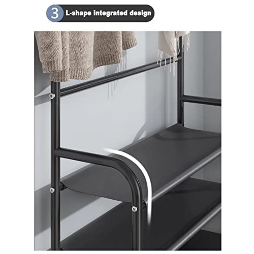 Coat Rack Shoe Bench, Entryway Coat Shoe Rack Organizer, 4-tier Shoe Bench with 8 Hooks Hanging, Storage Shelves, Multifunctional Hallway Furniture Organizer (black)